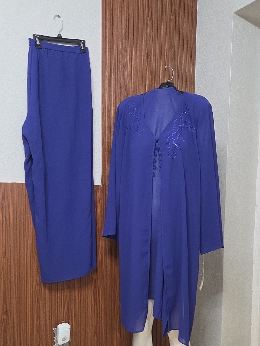 Vintage Montée Blue Duster Jacket Set - Beaded Floral Embroidery  Plus Size 24 W